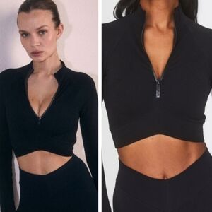 Joja NEW Exhale Long Sleeve Ribbed Crop Zipper Mockneck Athletic Top Midnight S